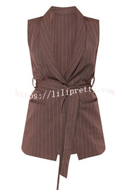 Goal Digger Striped Button Belted Lapel Vest and Pocketed Wide-leg Pants Set