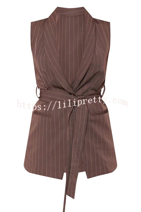 Goal Digger Striped Button Belted Lapel Vest and Pocketed Wide-leg Pants Set