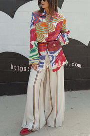 Elouise Satin Color Block Art Print Long Sleeve Button Back Elastic Waist H-line Mini Dress