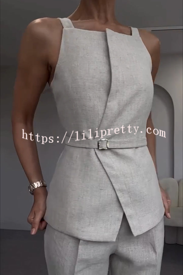 Tylah Linen Blend Square Neck Belted Vest and High Rise Pocket Loose Tapered Trousers Set