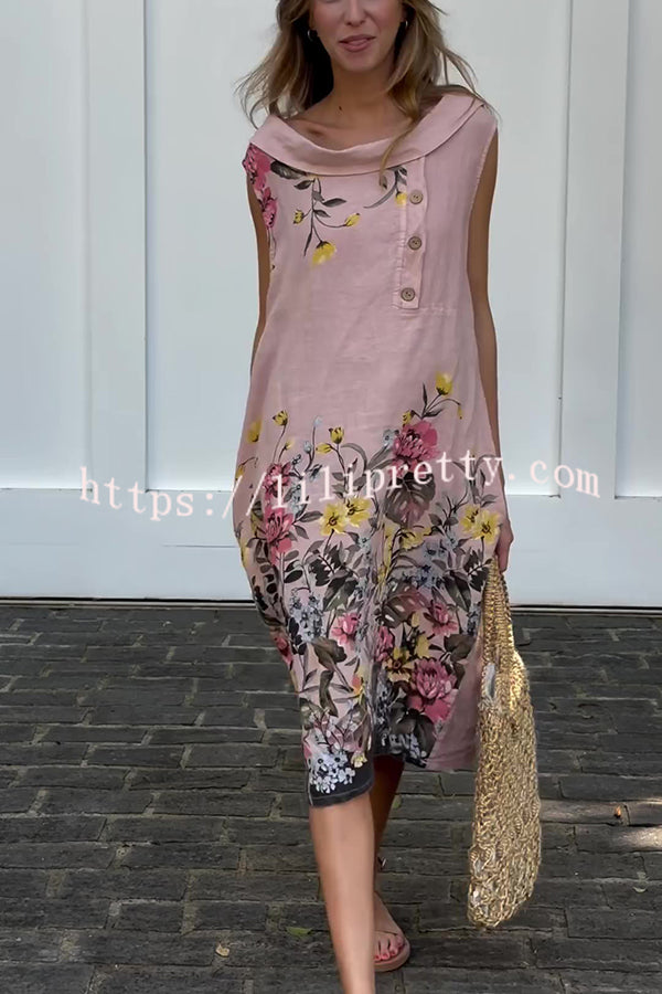 Botanical Floral Print Linen Blend Lapel Buttoned Midi Dress