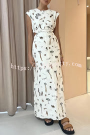 Round Neck Unique Printed Cutout Elastic Waist Short Sleeve Maxi Dress