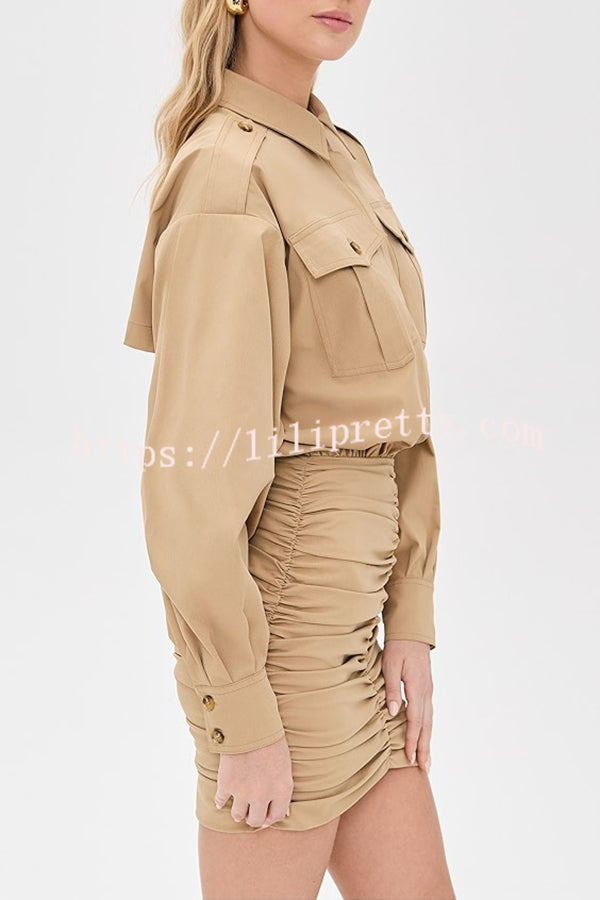 Soraya Epaulette Button Design Long Sleeve Ruched Hem Shirt Mini Dress