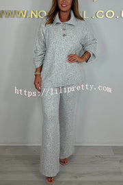 Solid Color Lapel Long-sleeved Loose Top and Elastic Waist Casual Pants Set