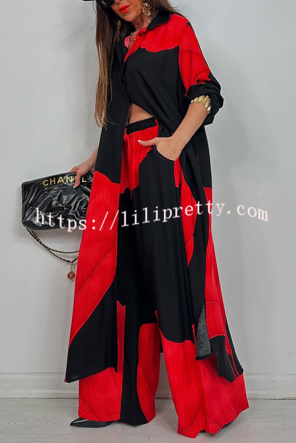 Unique Printed Casual Loose Long Shirt and Elastic Waist Pocket Wide Leg Pants Set