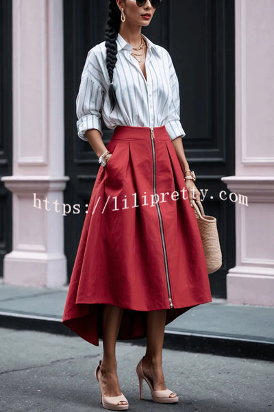 Effortless Charm Front Zipper Detail Pocketed High Low Pleated Midi Skirt