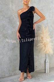 Fashion One-shoulder Pleated Sexy High Slit Slim Dress