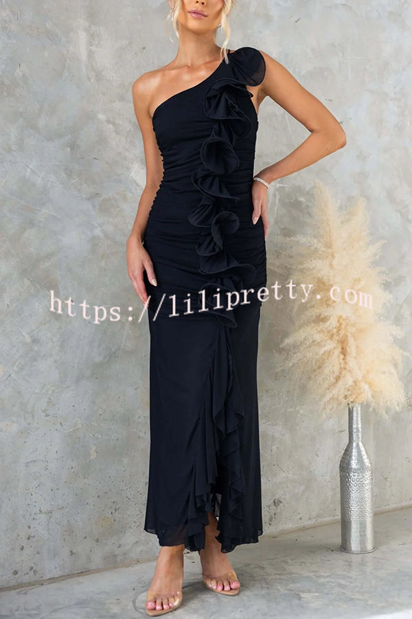 Fashion One-shoulder Pleated Sexy High Slit Slim Dress