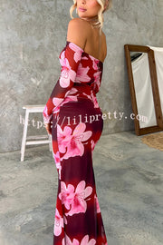 Floral Fantasy Mesh Off Shoulder Long Sleeve Stretch Maxi Dress
