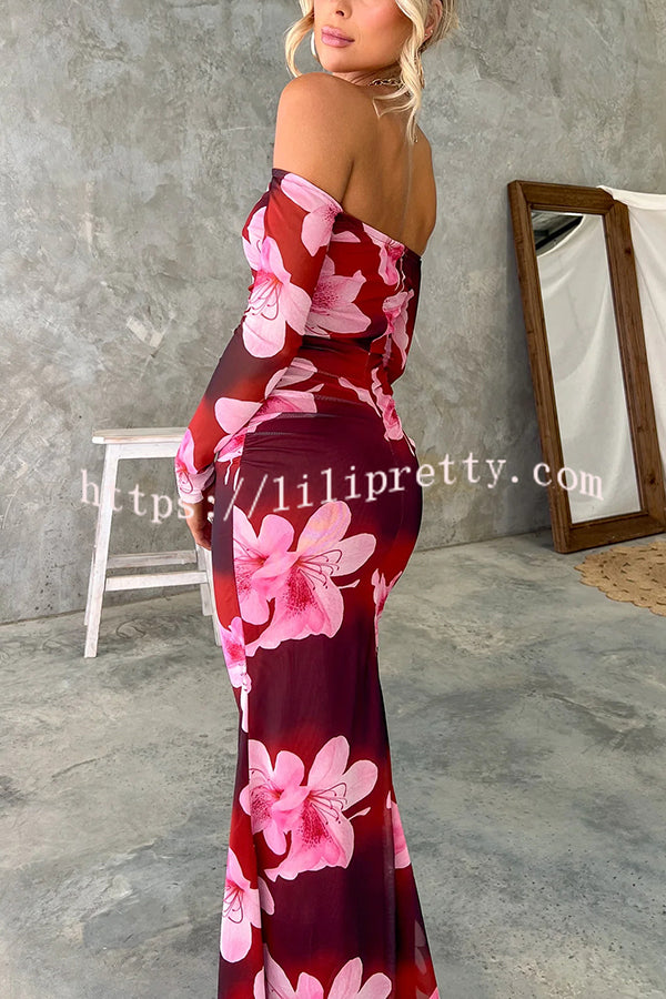 Floral Fantasy Mesh Off Shoulder Long Sleeve Stretch Maxi Dress