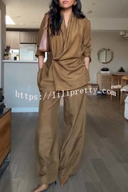 Bella Satin Drape Collar Single Button Casual Blazer and Elastic Waist Pocket Loose Pants Set
