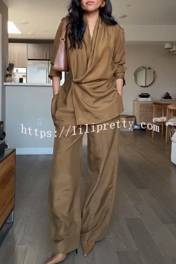 Bella Satin Drape Collar Single Button Casual Blazer and Elastic Waist Pocket Loose Pants Set