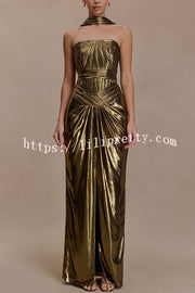Clemence Plisse Metallic Fabric Reverse Halter Beck Strap Drape Slit Maxi Dress