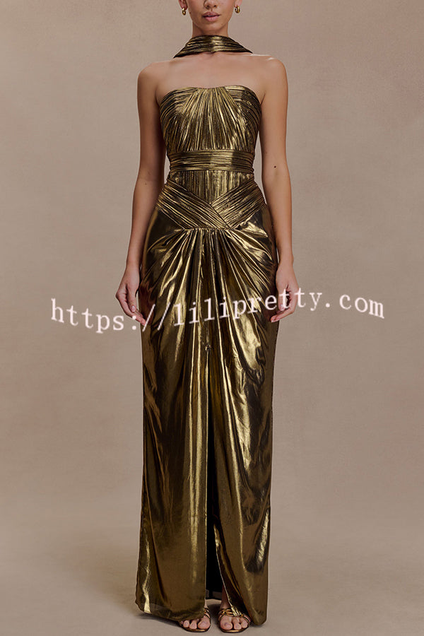 Clemence Plisse Metallic Fabric Reverse Halter Beck Strap Drape Slit Maxi Dress