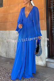 Blue Gemstone Chiffon Ruched Gathered Waist Maxi Dress