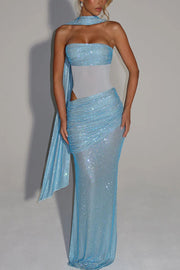 Kailani Sequin Strapless Mesh Cutout Waist Ruched Scarf Maxi Dress