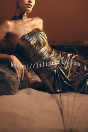 Clemence Plisse Metallic Fabric Reverse Halter Beck Strap Drape Slit Maxi Dress