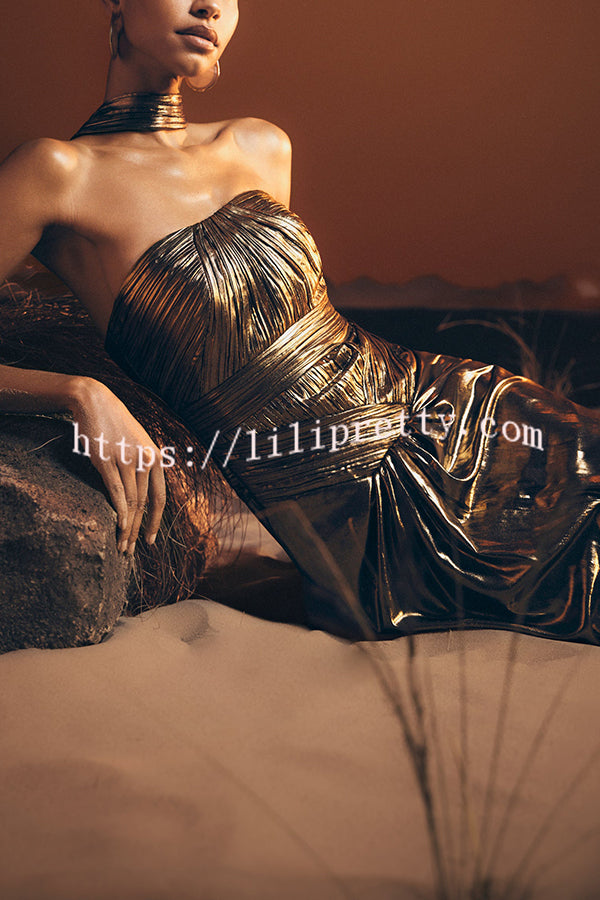 Clemence Plisse Metallic Fabric Reverse Halter Beck Strap Drape Slit Maxi Dress