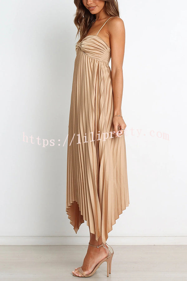 Solid Color Sexy Suspender Pleated Irregular Midi Dress