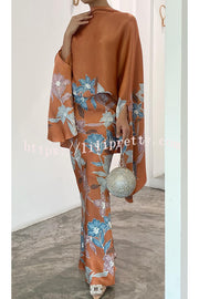 Lilipretty® Matilda Satin Unique Print Drape Cape Sleeve Top and Elastic Waist Maxi Skirt Set