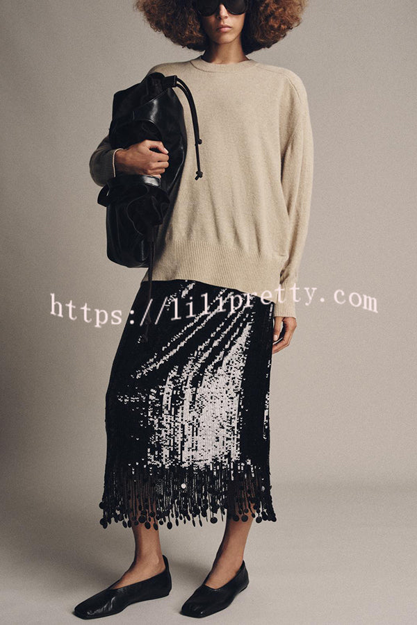 City Queen Sequin Tassel Round Pieces High Rise Back Zipper Midi Skirt