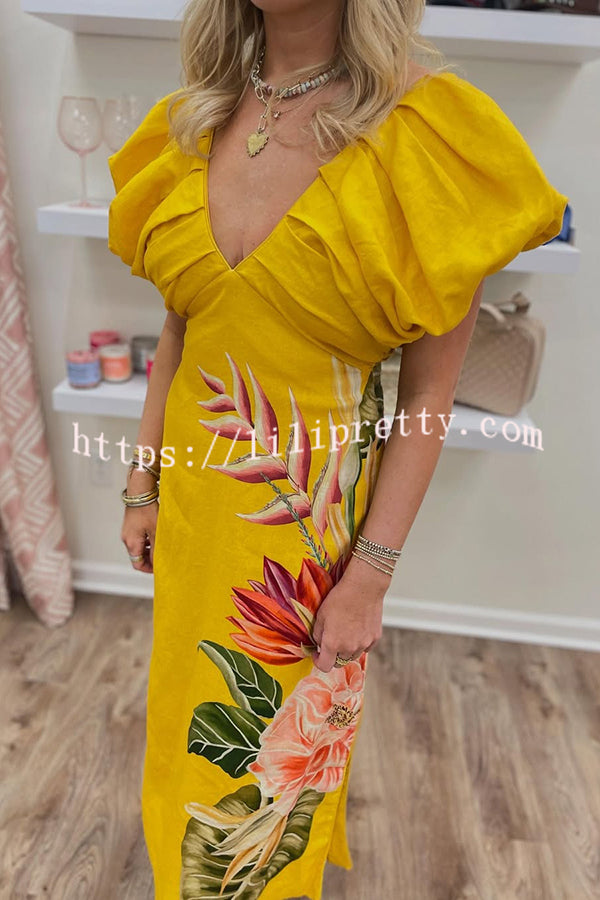 Plant Print V-neck Open Back Holiday Style Slit Midi Dress