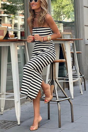 Lilipretty Just Say Yes Striped Off The Shoulder Back Slit Stretch Maxi Dress