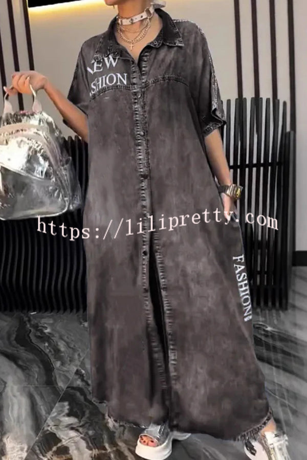 Fashion Letter Print Lapel Cardigan Loose Maxi Dress