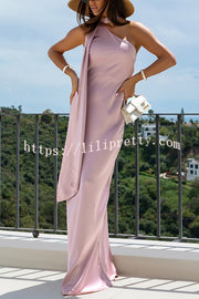 Cheers Babe Satin Solid Color Elegant One Shoulder Tie Maxi Dress