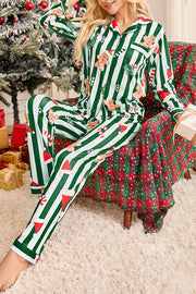 Color-blocked Striped Christmas Print Casual Long-sleeved Shirt and Elastic Waist Pants Set