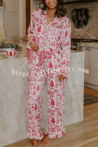 Christmas Night Satin Loose Shirt and Elastic Waist Pocketed Pajama Set