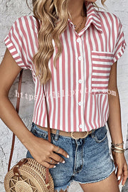 Striped Print Short Sleeve Pocket Shirt Top