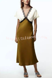 Fashionable Contrast Color V-neck Lace Stitching Maxi Dress
