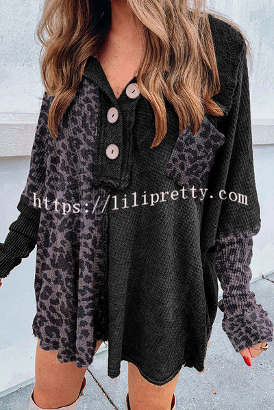 Lilipretty Waffle Leopard Pullover Button Pocket Shirt