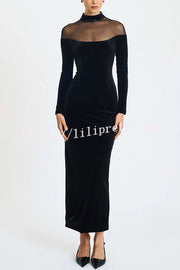 Fashionable Velvet and Mesh Spliced long-sleeved Slim-fit Maxi Dress