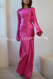 Satin Elegant Long-sleeved Open-back Slim-fit Slit Maxi Dress