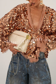Fashion Sequined Long-sleeved V-neck Loose Lace-up Cardigan