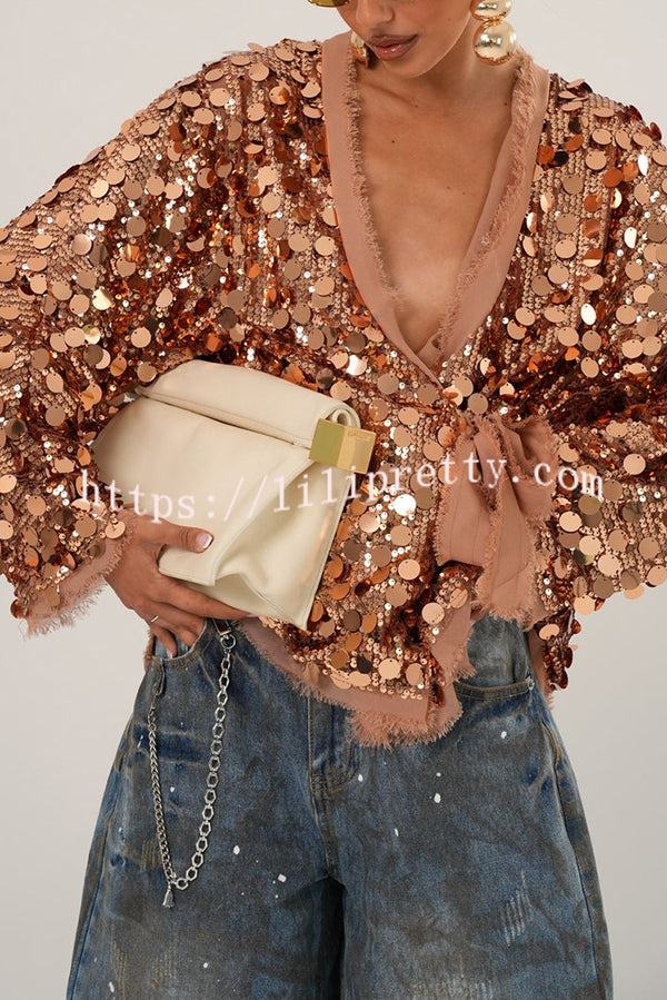 Fashion Sequined Long-sleeved V-neck Loose Lace-up Cardigan