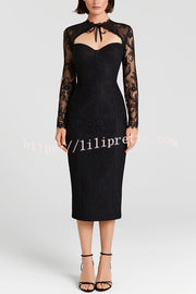 Mylene Lace Corset Cut Sweetheart Tie-up Neck Sheer Long Sleeve Slit Midi Dress