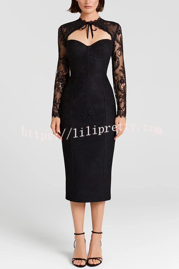 Mylene Lace Corset Cut Sweetheart Tie-up Neck Sheer Long Sleeve Slit Midi Dress