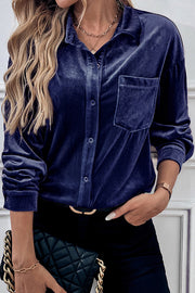Solid Color Velvet Casual Lapel Pocket Loose Shirt