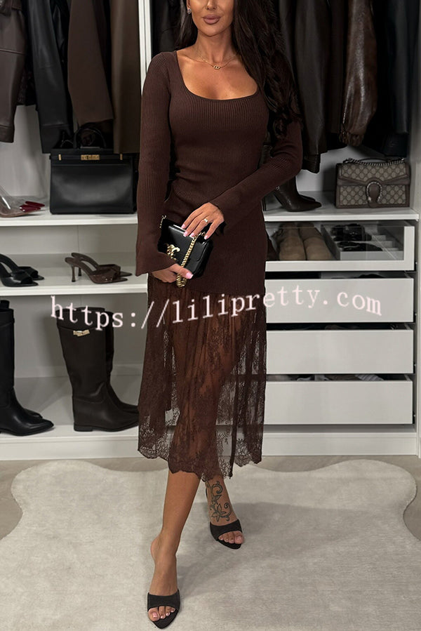 Ellie Ribbed Knit Square Neck Long Sleeve Lace Patchwork Hem Midi Dress
