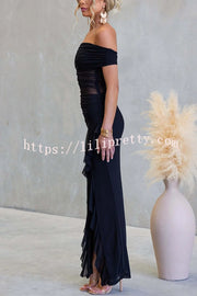 Sexy Mesh Off-shoulder Slim Fit Ruffled Slit Maxi Dress