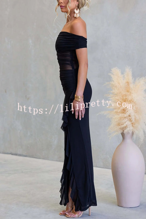 Sexy Mesh Off-shoulder Slim Fit Ruffled Slit Maxi Dress
