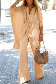 Casual V Neck Trumpet Sleeve Top and Pants Two Piece Set