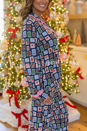 Postcards To Santa Unique Print Ruffles Trim Pocket Shirt and Elastic Waist Pajama Set