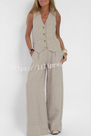 Lilipretty Eddie Linen Blend Button Vest and Elastic Waist Pocketed Wide Leg Pants Set