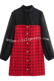 Festive Elegance Tulle Plaid Tweed Patchwork Balloon Sleeve Mini Dress