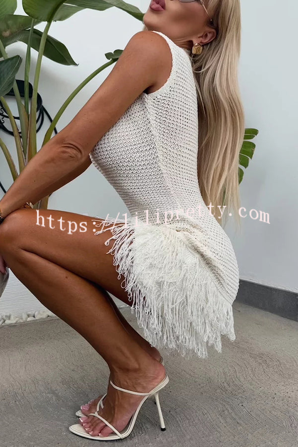 Fashion Knitted Round Neck Sleeveless Slim Fit Fringed Hem Mini Dress