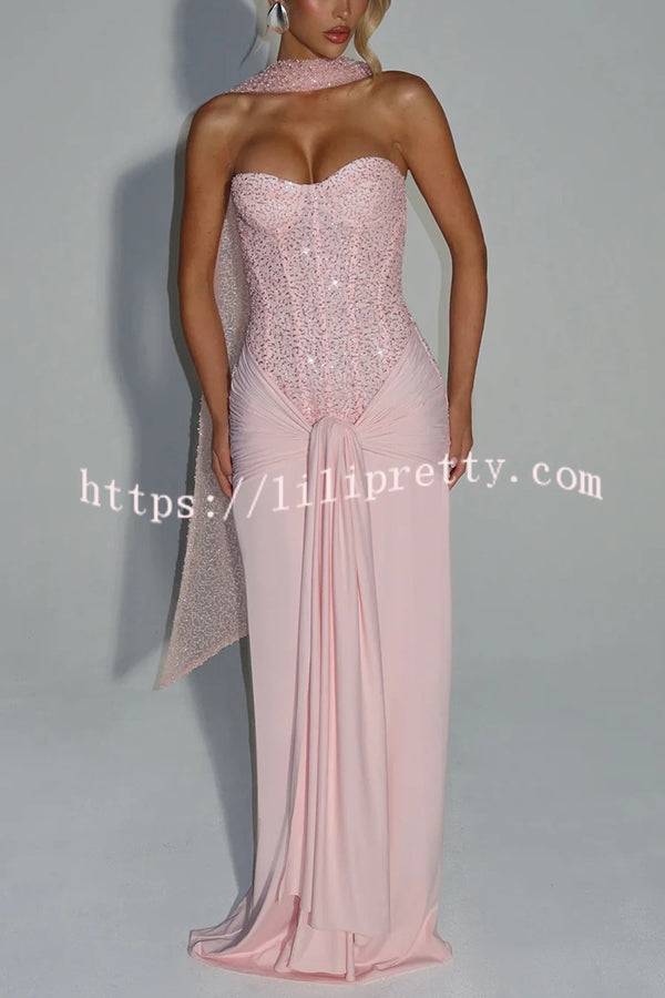 Carina Sequined and Satin Jersey Off Shoulder Ruched Knot Drape Maxi Dress